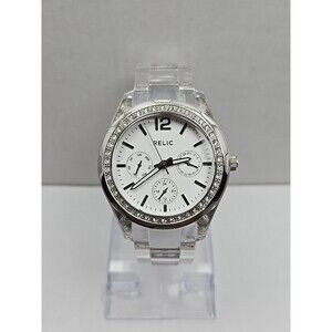 Relic Watch Women 38mm Pave Silver Tone White MOP Dial ZR11904 New Battery
